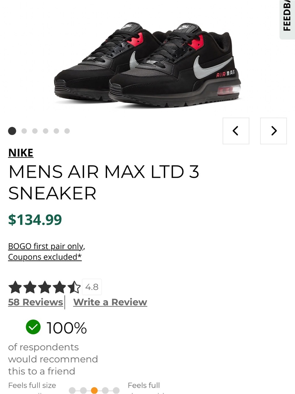 Nike Men’s Air Max LTD 3 Sneakers — Black with Red and White Accents size 8